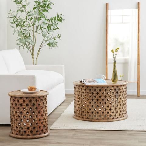Aged Driftwood Carved Wood Lattice Table Collection | World Market