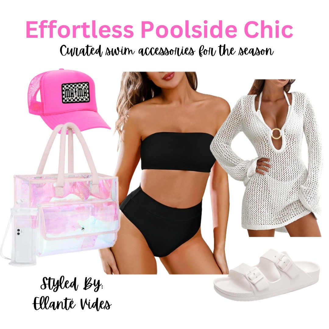 Get ready to turn heads this summer with my Effortlessly Poolside Chic curated collection of swim accessories! This look includes a classic black bandeau bikini set for a sleek and flattering fit, paired with a lightweight white crochet cover-up that’s perfect for transitioning from the water to a casual hangout. Add a pop of color with a bold hot pink trucker hat and keep all your essentials organized in a trendy iridescent tote bag. Complete your outfit with comfortable and stylish white slide sandals for an effortless vibe. These versatile summer staples are not only functional but also on-trend, making them must-haves for your next pool or beach day. Shop now and create your ultimate summer swim look! 👀 ✨👙

#LTKSeasonal #LTKMidsize #LTKFindsUnder50