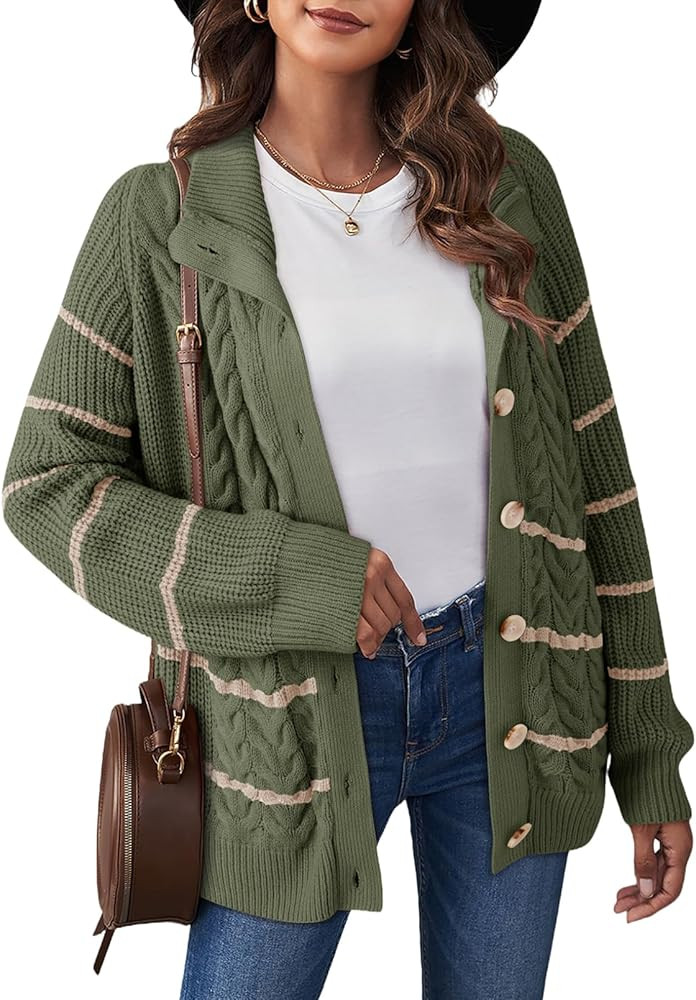 Dokotoo Women's 2024 Fall Long Sleeve Striped Sweater Open Front Chunky Cable Knit Cardigans Swea... | Amazon (US)