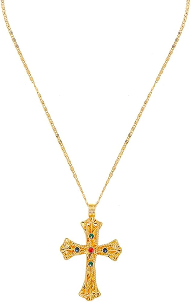 Luxurious Gold-Plated Cross Necklace with Multi-Colored Gemstones - Filigree Design with Adjustab... | Amazon (US)