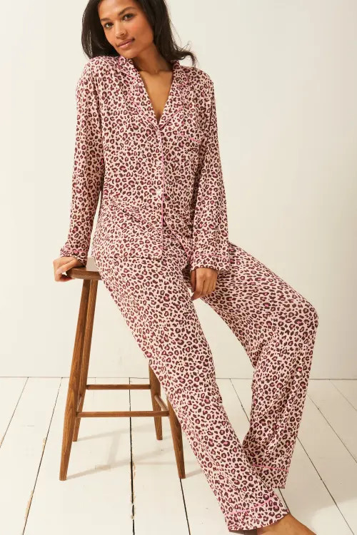 Stripe & Stare Long Pyjama Set in Liqourice Leopard at Nordstrom, Size X-Small Uk | Nordstrom