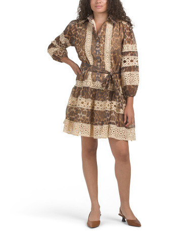 Long Sleeve Animal Print Lace Trim Mini Dress For Women, Spandex/Polyester | TJ Maxx
