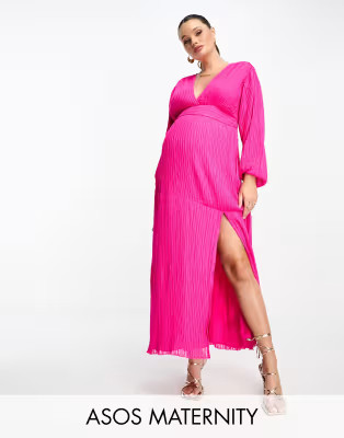 ASOS DESIGN Maternity pleated midi dress with a belt in bright pink | ASOS | ASOS (Global)