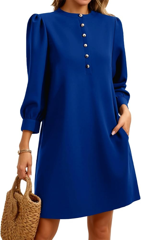 Wenrine Womens 3/4 Puff Sleeve Mini Dress Button Crewneck Elegant Casual Business Shift Dresses 2... | Amazon (US)