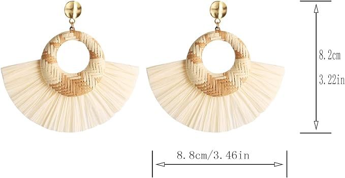 STWTR Raffia Earrings Large Lightweight Geometric Statement Fringe Braided Boho Earrings Handmade... | Amazon (US)