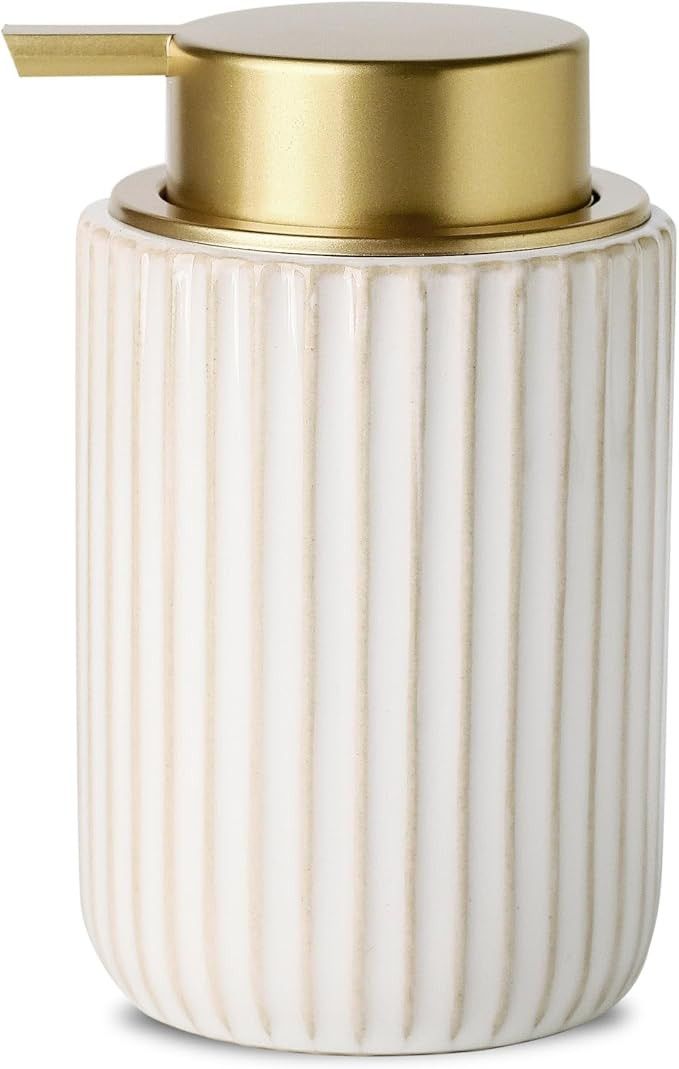 White Refillable Hand Soap Dispenser - 13oz Ceramic Yellow Stripe Liquid Hand Soap Dispenser with... | Amazon (US)