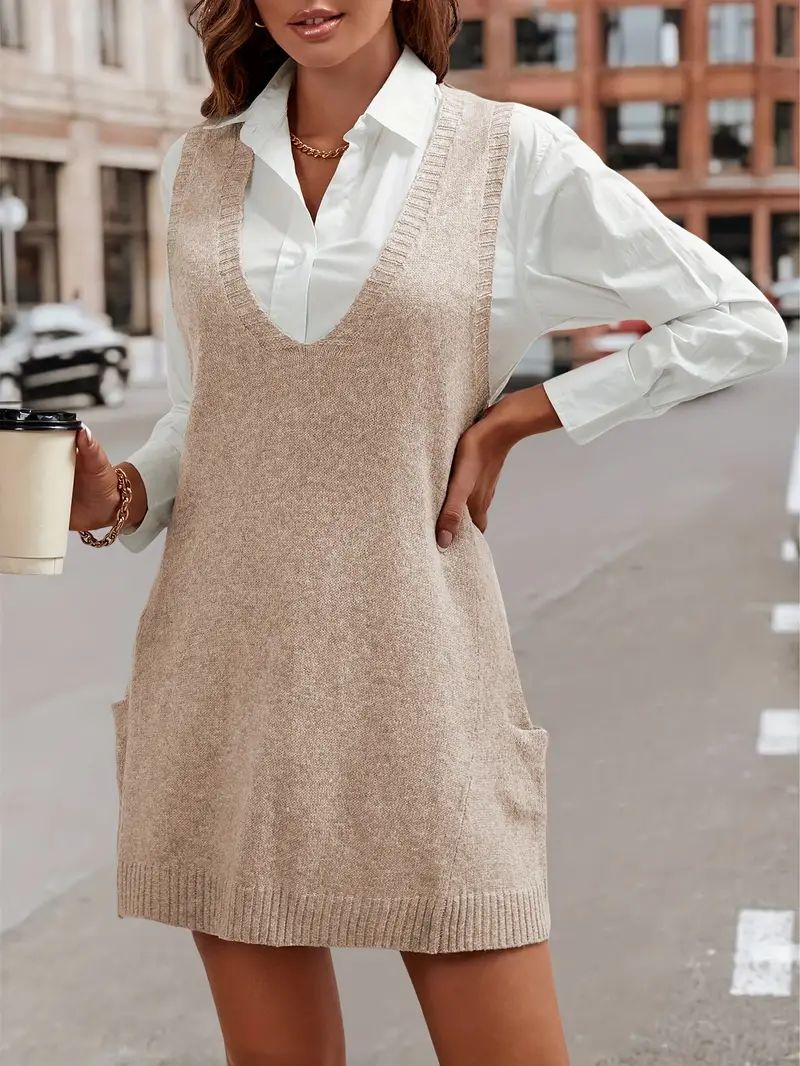 Solid V Neck Knitted Tank Dress Casual Sleeveless Dress For - Temu | Temu Affiliate Program