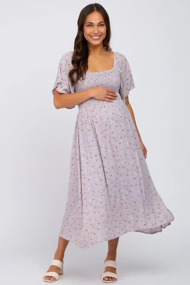 Lavender Floral Smocked Maternity Midi Dress | PinkBlush Maternity