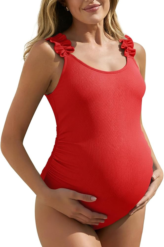 Summer Mae Ribbed Maternity One Piece Swimsuit Ruffle Wood Ears Bathing Suit Scoop Neck Pregnancy... | Amazon (US)