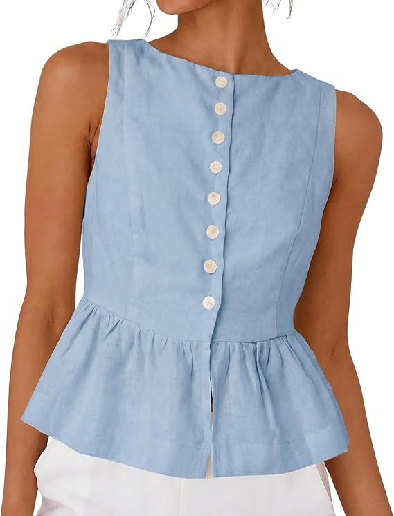 SKIKYAN Women's Linen Tank Tops Sleeveless Peplum Top Button Front Casual Flared Hem Blouse for S... | Amazon (US)