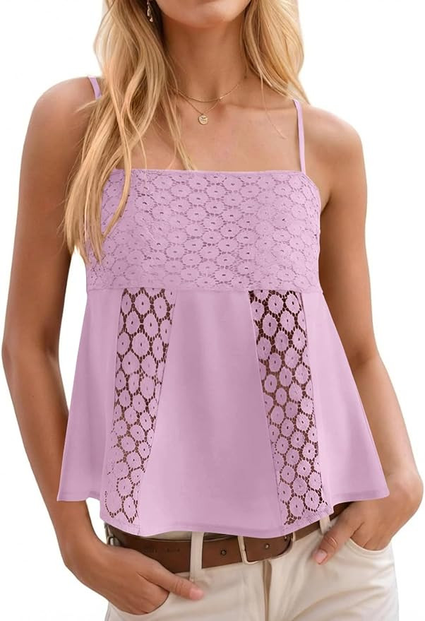 Yousify Womens Spaghetti Strap Tank Tops Summer Lace Crochet Cami Shirts Cute Square Neck Flowy P... | Amazon (US)