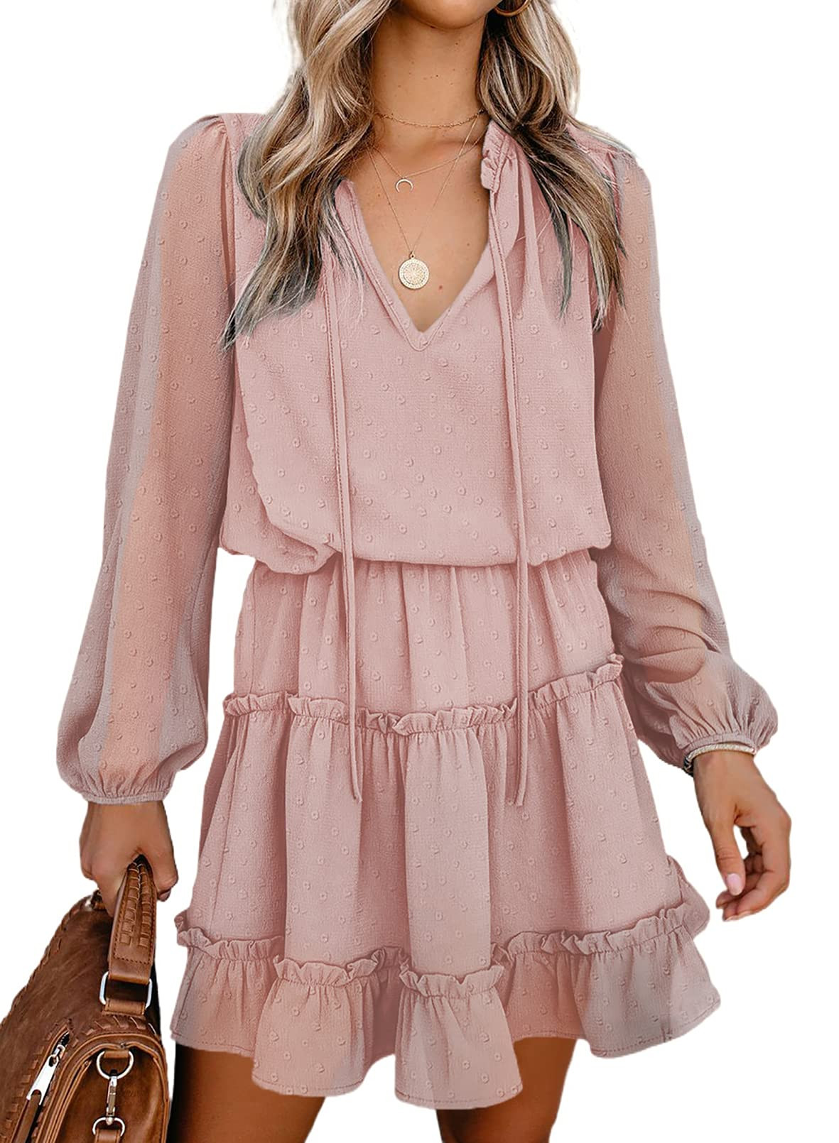 Dokotoo Womens Split V Neck Ruffle Chiffon Elegant Mini Short Skirt Dresses | Amazon (US)