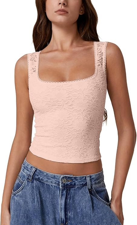 QINSEN Women's Lace Trim Square Neck Sleeveless Double-Layer Tank Top | Amazon (US)