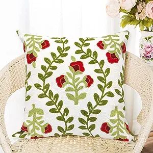 Alysheer Flower Embroidered Farmhouse Decorative Throw Pillow Cover 18"x 18", Cottage Floral Gree... | Amazon (US)
