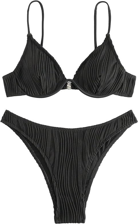 GORGLITTER Women's Textured Underwire Swimsuit High Cut Thong Bikini 2 Piece Bathing Suits | Amazon (US)