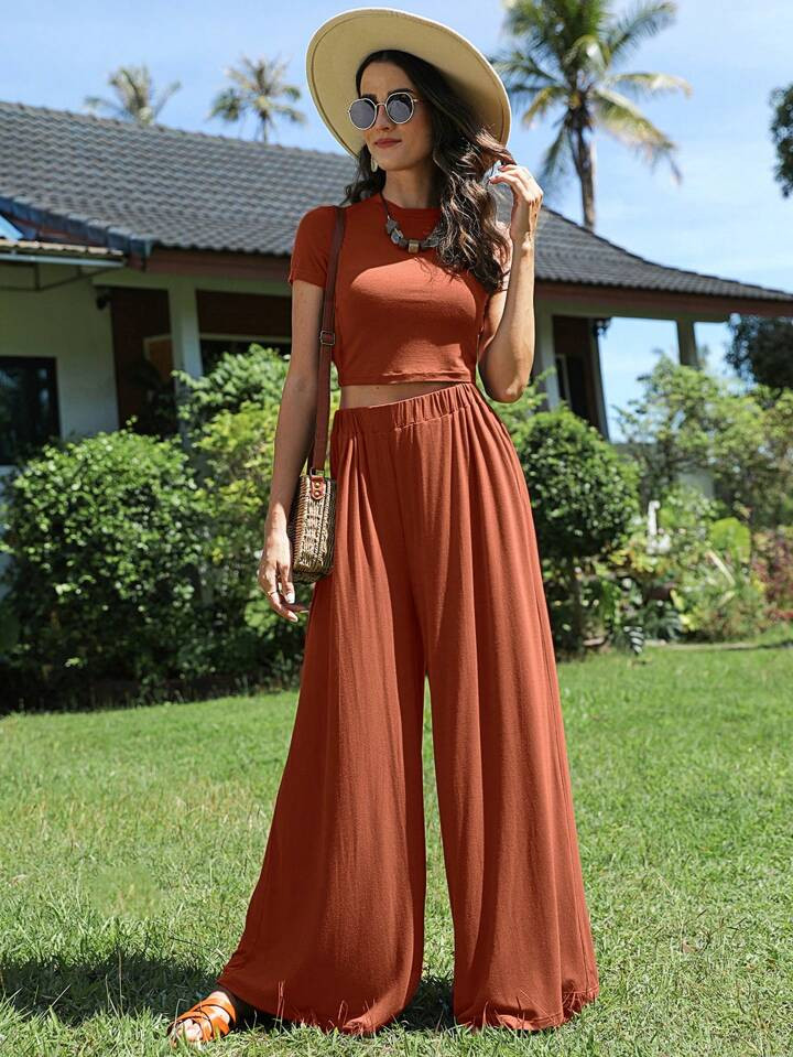 SHEIN LUNE Solid Crop Tee & Wide Leg Pants | SHEIN