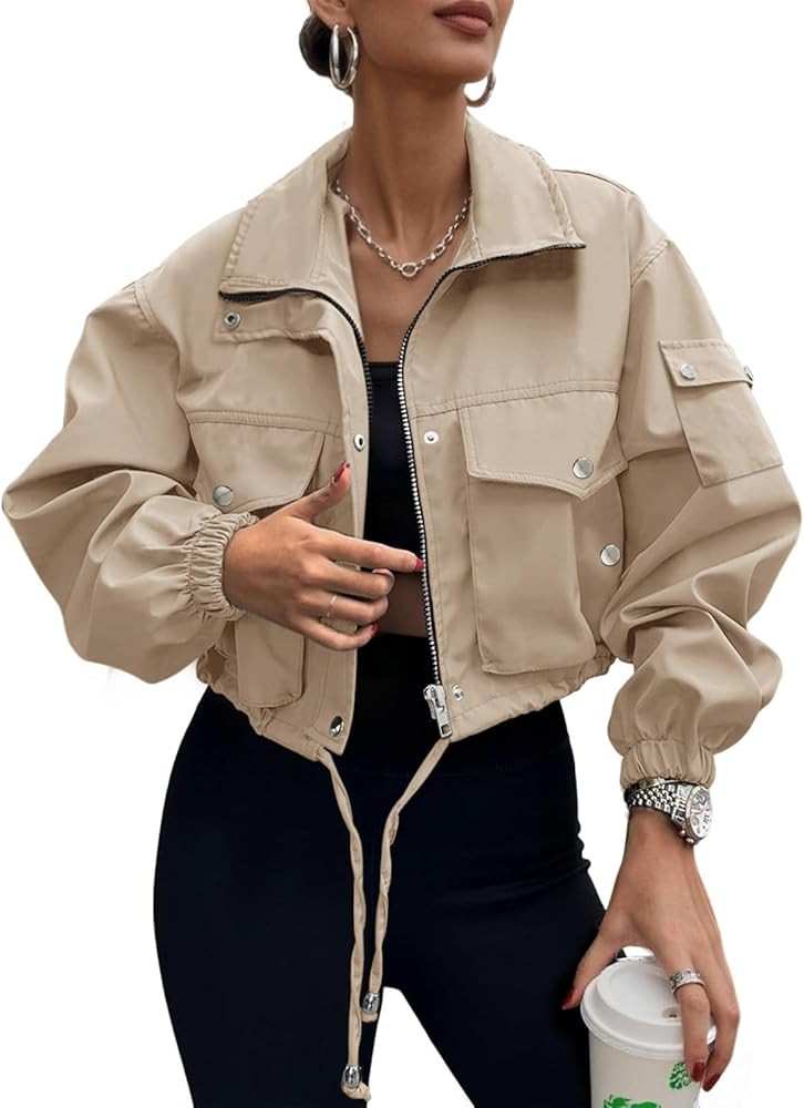 Womens Cropped Bomber Jacket 2026 Trendy Zip Up Lightweight Utility Anorak Coat With Pockets | Amazon (US)