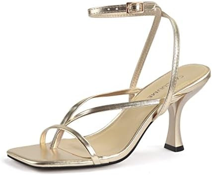Carcuume Womens Kitten Heels Square Toe Thong Strappy Ankle Strap Stiletto Heel Sandals | Amazon (US)