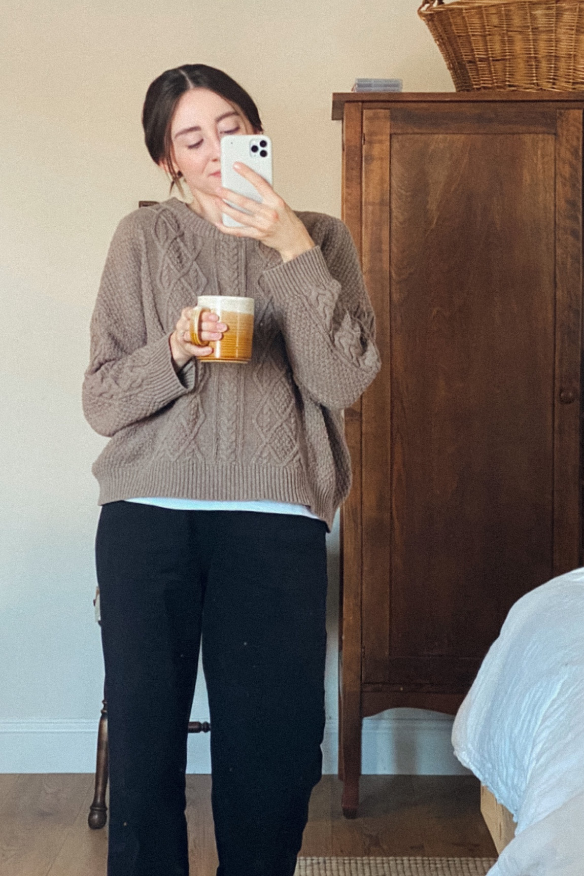 My sweater was thrifted years ago but linking similar ones! Plus the coat and boots I’ll pair it with later when I go out. Wearing a size small in the shirt and 00 in the pants. 