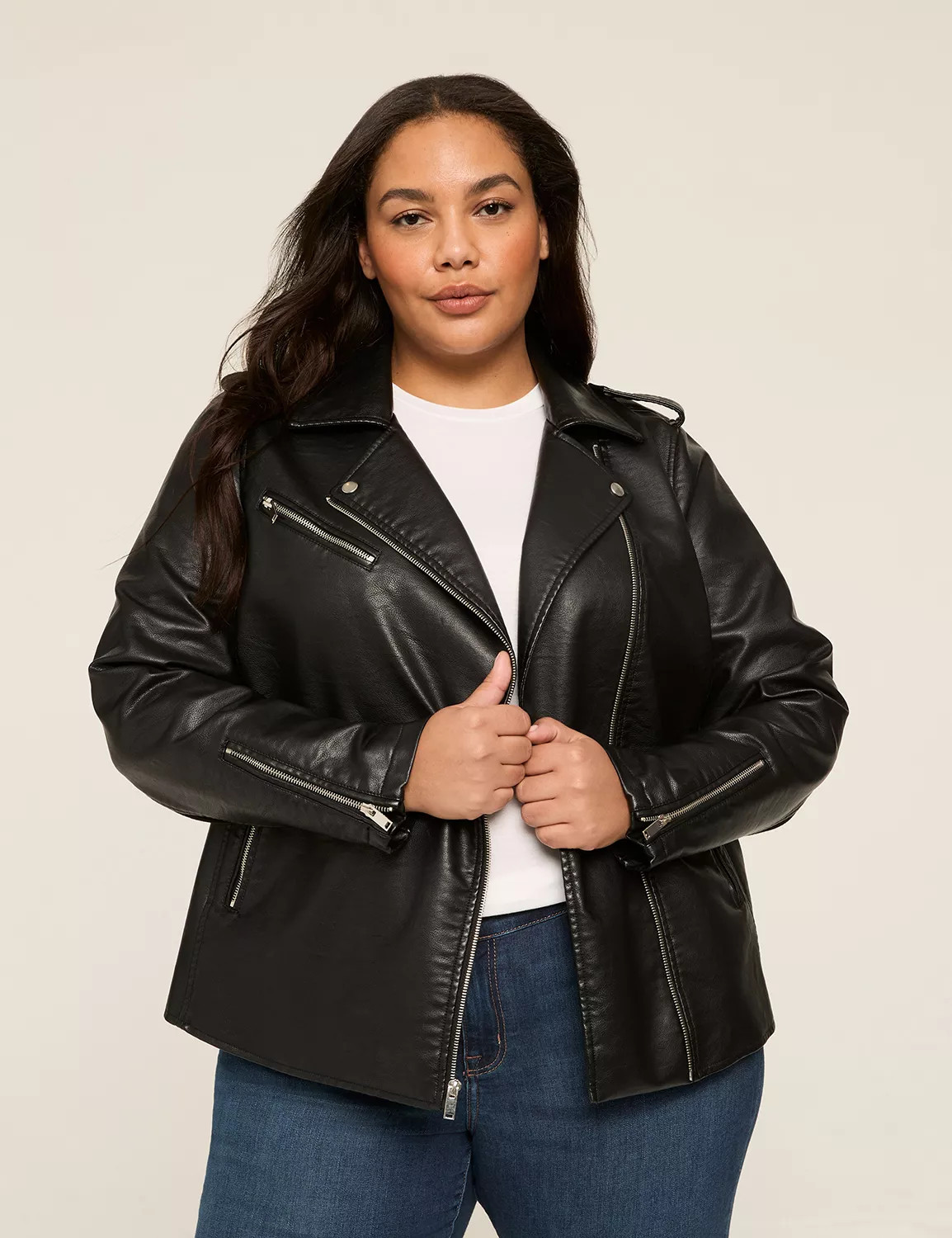 Lane Bryant Women's Faux-Leather Moto Jacket 22/24 Black | Lane Bryant (US)