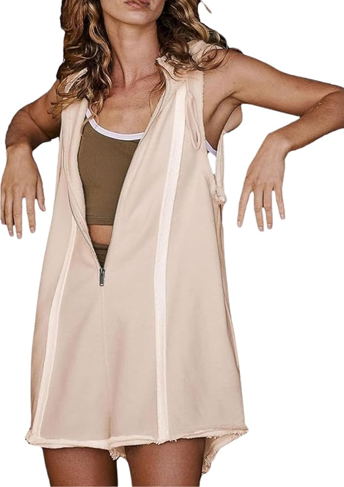 Women's Zip Up Romper Sleeveless Athletic Hooded Summer Loose Shorts Jumpsuits with Pockets | Amazon (US)