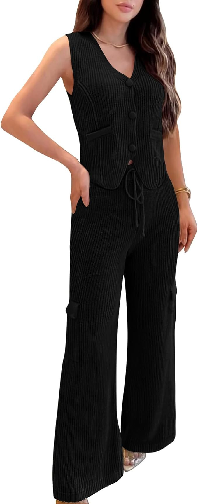 BTFBM Women's 2024 Summer Track Suits 2 Piece Outfits Matching Sets Ribbed Knit Button Down Cropp... | Amazon (US)