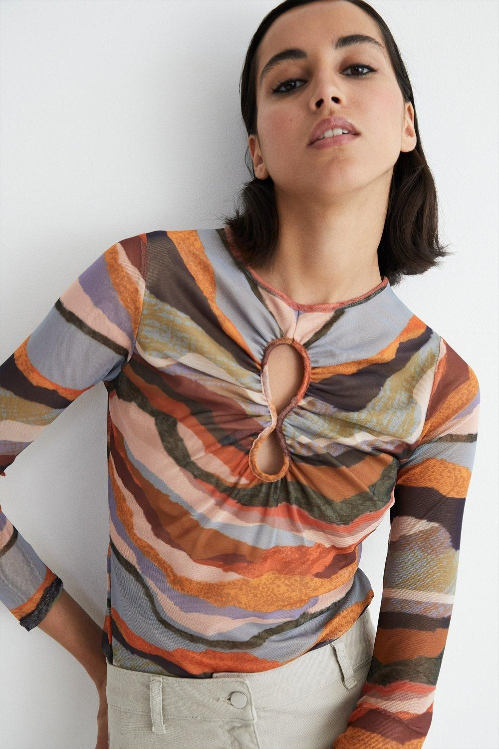 Abstract Print Keyhole Mesh Top | Warehouse UK & IE
