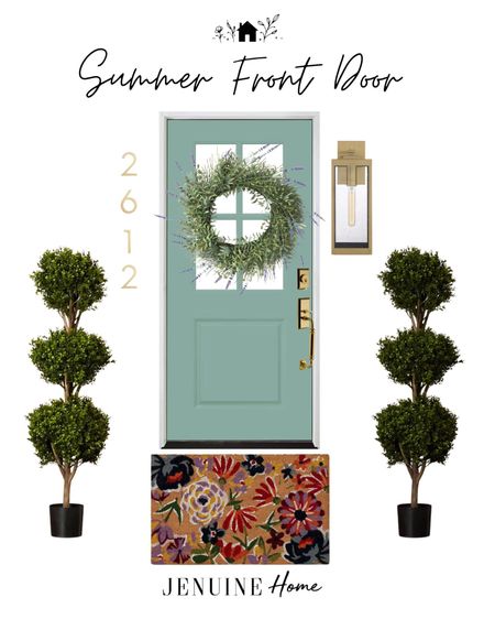 Coastal front door. Colourful front door. Teal door. Mint door. Front porch. Traditional front porch. Coastal front porch. Patio. Welcome mat. Faux topiary. Floral welcome mat. Lavender wreath.  Summer wreath. Gold house number. Gold hardware. Gold door knob. Gold outdoor light. Gold porch light.  Traditional light. Outdoor light gold. Lantern light gold  
