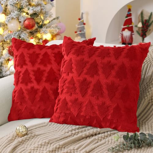 DFXSZ Christmas Tree Pillow Covers 18x18 inch Set of 2 Christmas Decoration Red Soft Plush Faux Fur Jacquard Throw Pillows for Bedroom Sofa Holiday Festivals Winter Home Decor PTK008B18 | Amazon (US)