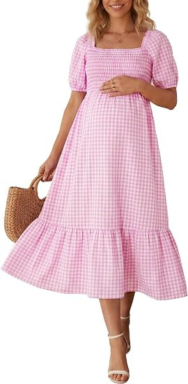 Summer Mae Smocked Maternity Dress for Baby Shower Photoshoot Puff Sleeve Women Pregnancy Midi Dr... | Amazon (US)