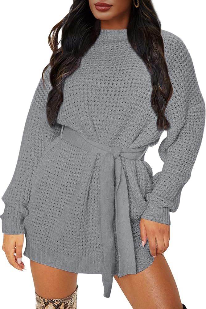 ZESICA Women's Long Sleeve Solid Color Waffle Knitted Tie Waist Tunic Pullover Sweater Dress | Amazon (US)