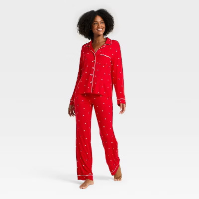 Women's Cloud Knit Modal Long Sleeve Notch Collar Top and Pants Pajama Set - Auden™ Red Hearts M | Target
