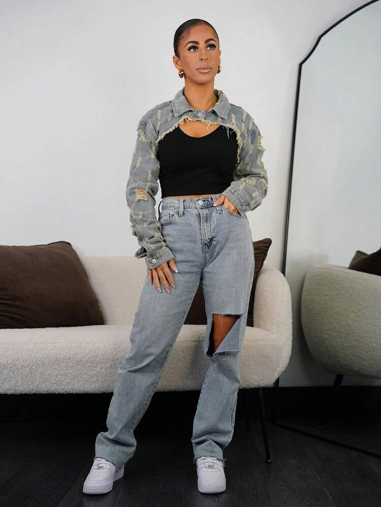 SAYEHFBABY Women's Super Short Jeans Jacket, Distressed Denim With Collar, Vintage Fashion Forward Style | SHEIN