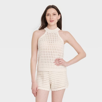 Women's Openwork Halter Crewneck Sweater Tank - Universal Thread™ Cream XS | Target