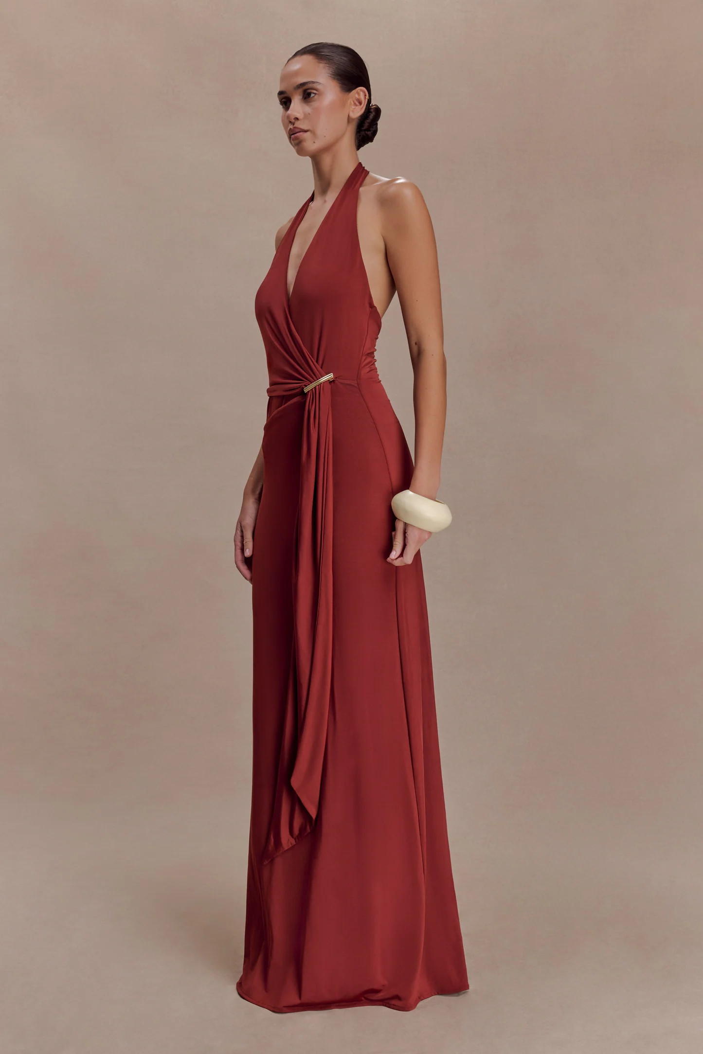 Veda Slinky Halter Maxi Dress - Russet | Meshki UK