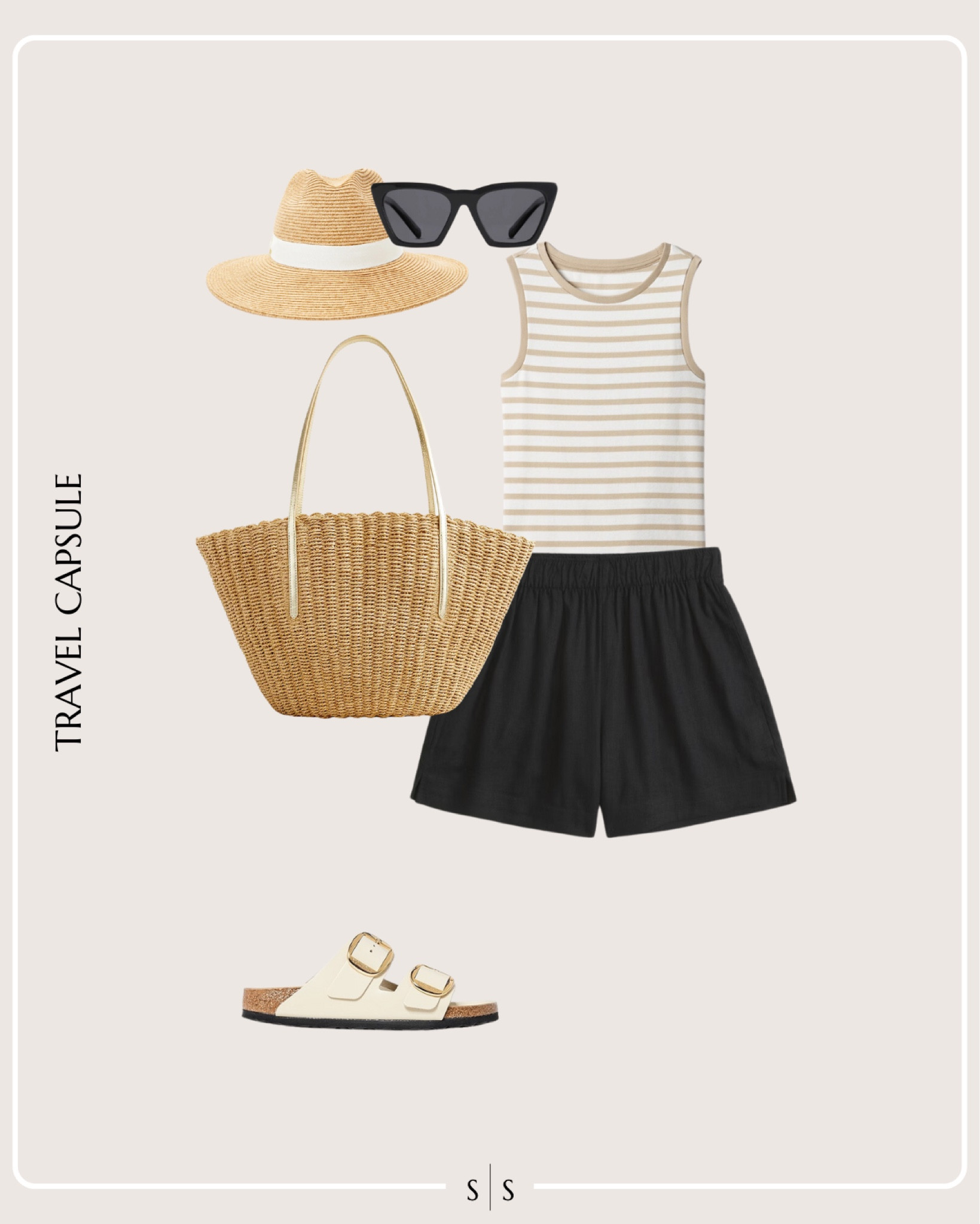 Summer Vacation Travel Capsule Wardrobe outfit idea | striped tank, black linen shorts, straw tote bag, slip on sandal, straw sun hat, sunglasses 

See the entire Summer Vacation Travel Capsule Wardrobe on thesarahstories.com ✨ 

#LTKStyleTip