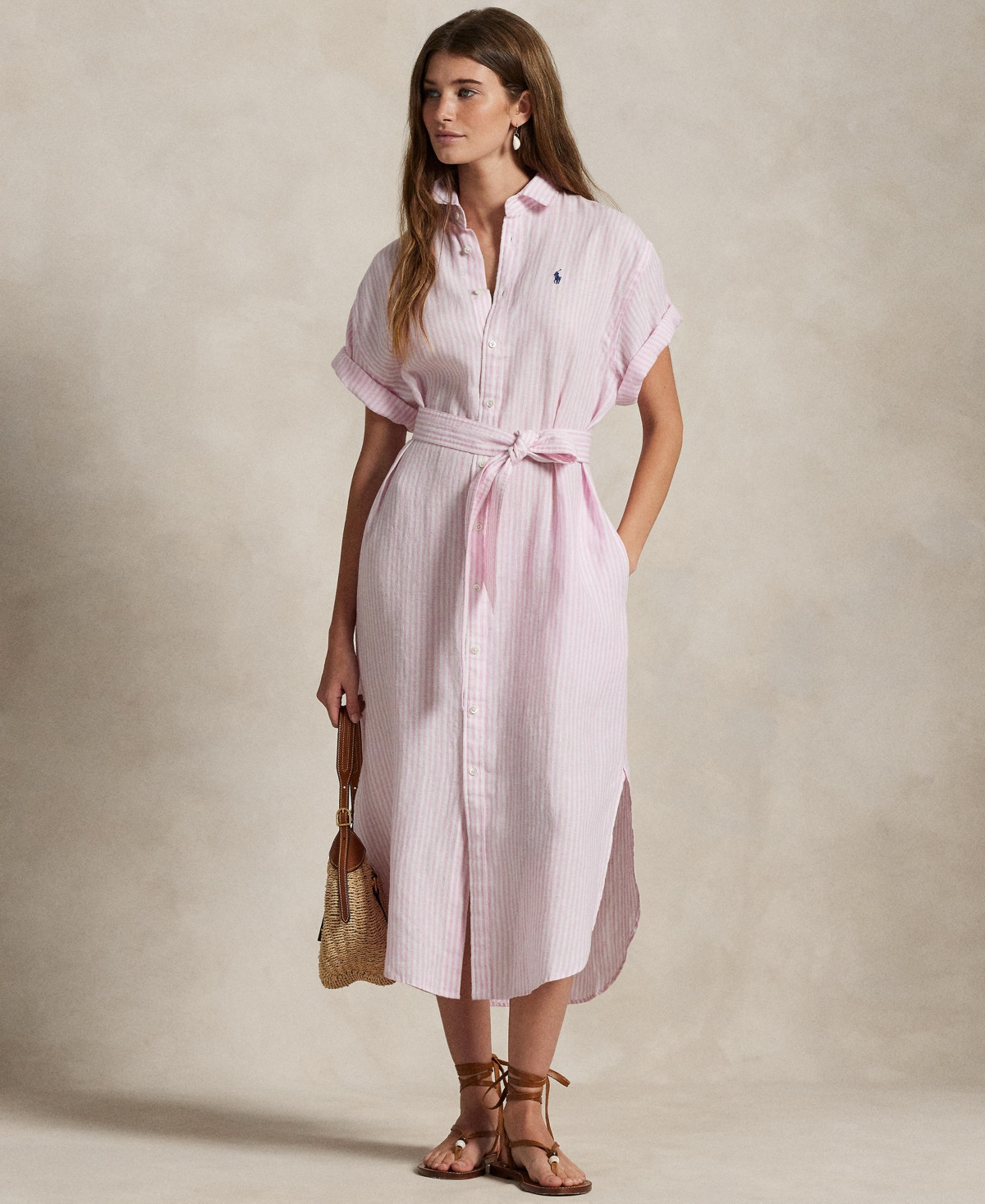 Polo Ralph Lauren Women's Striped 100% Linen Short-Sleeve Shirtdress - White/Pink | Macy's