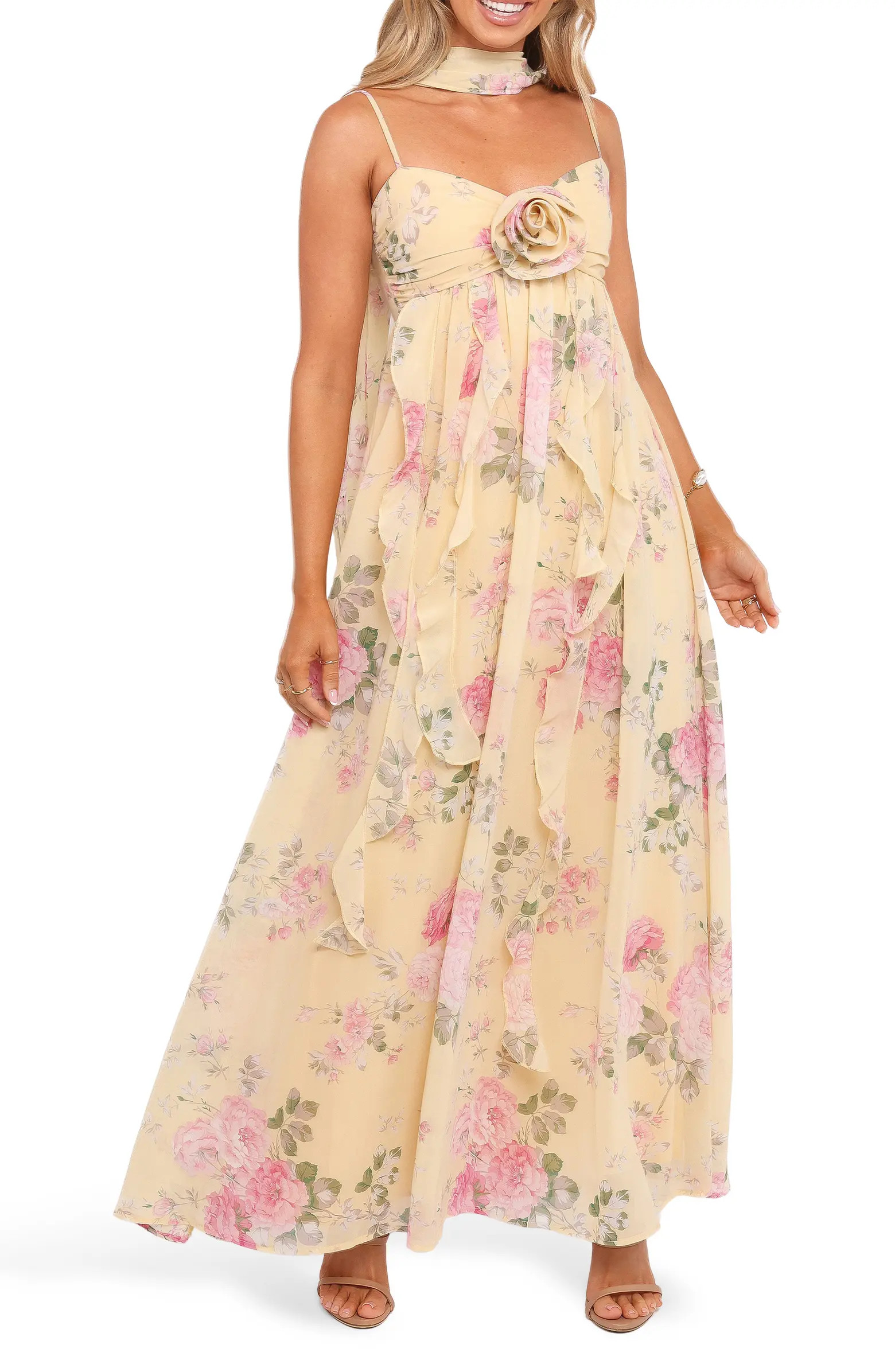 Tully Floral Rosette Maxi Dress with Removable Scarf | Nordstrom