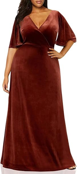 Ever-Pretty Plus Women's Retro V-Neck Wrap Velvet Maxi Dress Plus Size Formal Dress 00861 | Amazon (US)