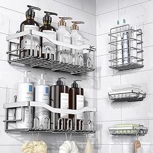 Adhesive Shower Caddy, 5 Pack Stainless Steel Bath Organizers With No Drilling, Large Capacity Ru... | Amazon (US)