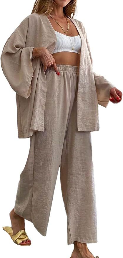 Asskdan Womens 2 Piece Outfits Lounge Sets Linen High Waisted Pants Oversized Cardigan 2023 Trend... | Amazon (US)