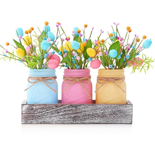 KIVIVO Mason Jar Spring Easter Table Decor, Centerpieces for Tables with Pastel Easter Eggs and Berries, Farmhouse Wood Tray, 22 Pcs Easter Spring Decorations indoor for Home Office Table | Amazon (US)