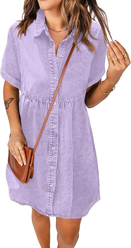 luvamia Women's Casual Short Sleeve Button Down Tiered Denim Babydoll Jean Dress | Amazon (US)