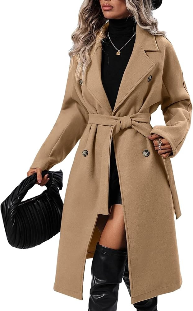 OPCAKM Women's Winter Wool Blend Pea Coat Double Breasted Notch Lapel Long Trench Coat | Amazon (US)