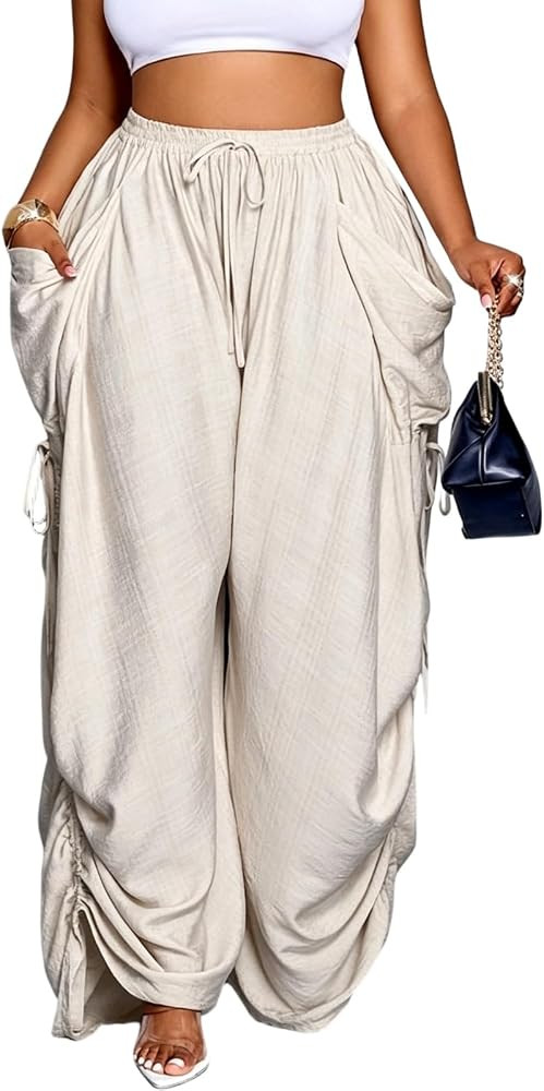 Plus Size Women's High Waist Drawstring Wide Leg Pants with Side Pockets & Adjustable Hem, Casual... | Amazon (US)