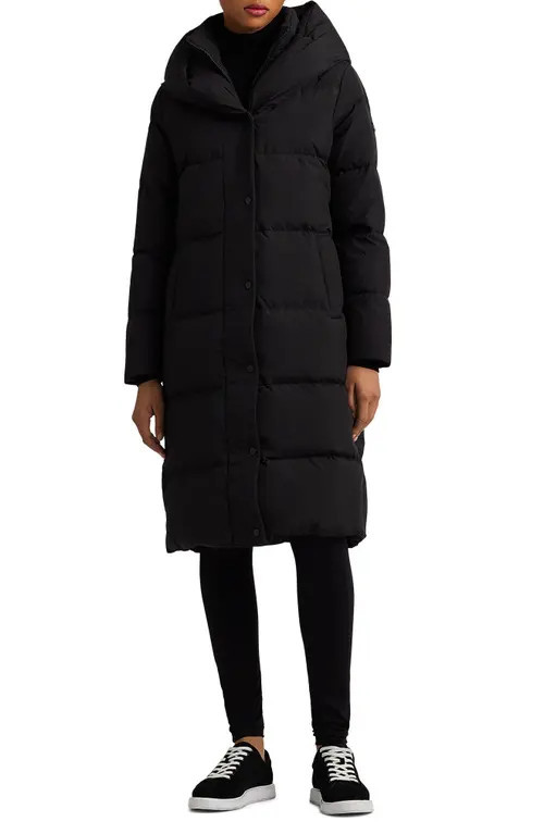 Lauren Ralph Lauren Pillow Hood Longline Down & Feather Jacket in Black at Nordstrom, Size Large | Nordstrom