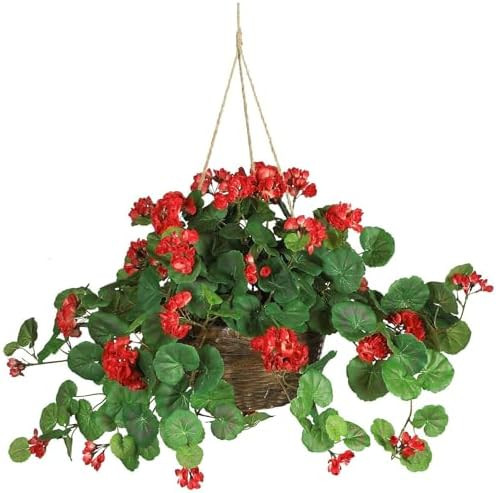Nearly Natural 24in Artificial Geranium Hanging Basket Faux Floral Plant for Indoor Home Porch De... | Amazon (US)