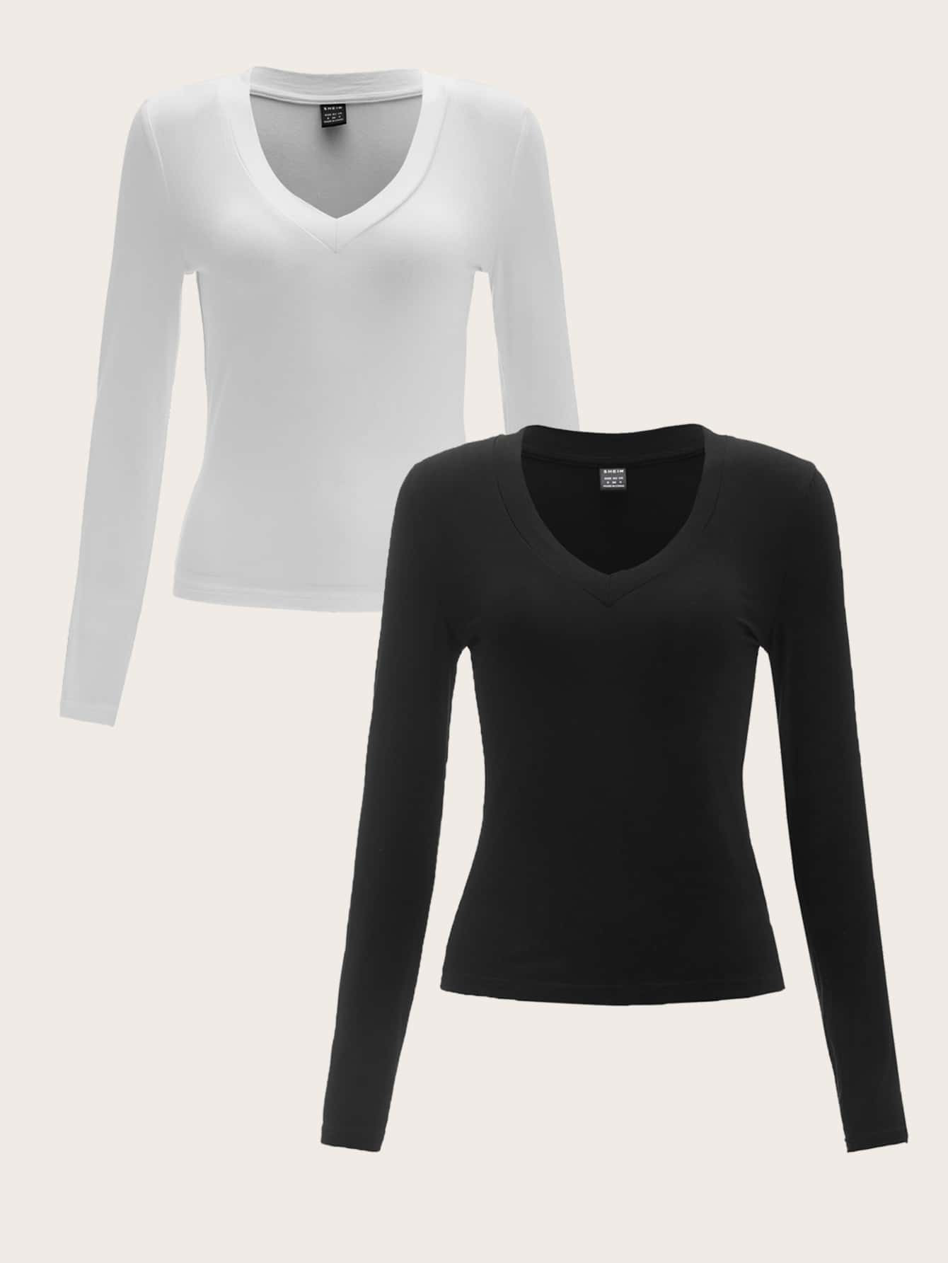 SHEIN 2pcs V Neck Solid Tee | SHEIN
