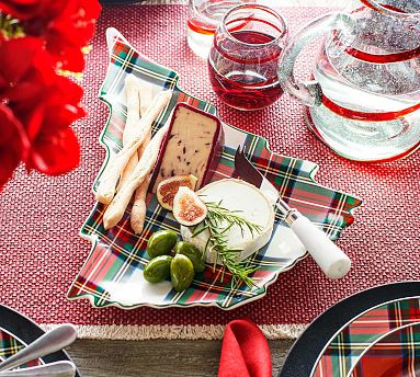 Stewart Plaid Holiday Tree Shaped Stoneware Serving Platter | Pottery Barn (US)