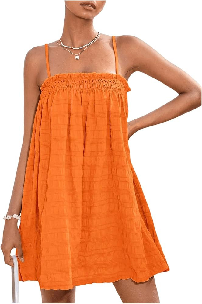 MakeMeChic Women's Casual Sleeveless Summer Cami Dress Ruffle Swing Shirred Mini Short Dress | Amazon (US)